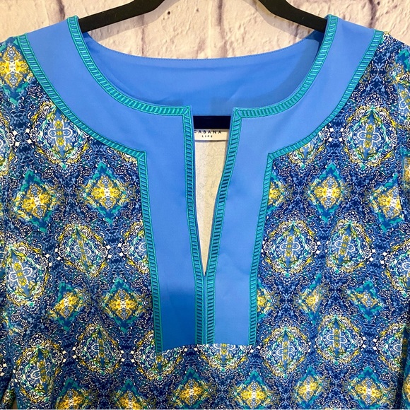 New Cabana Life Shift Dress Blue Yellow SPF 50 V Neck Resort Vacation Large Boho - Picture 3 of 10
